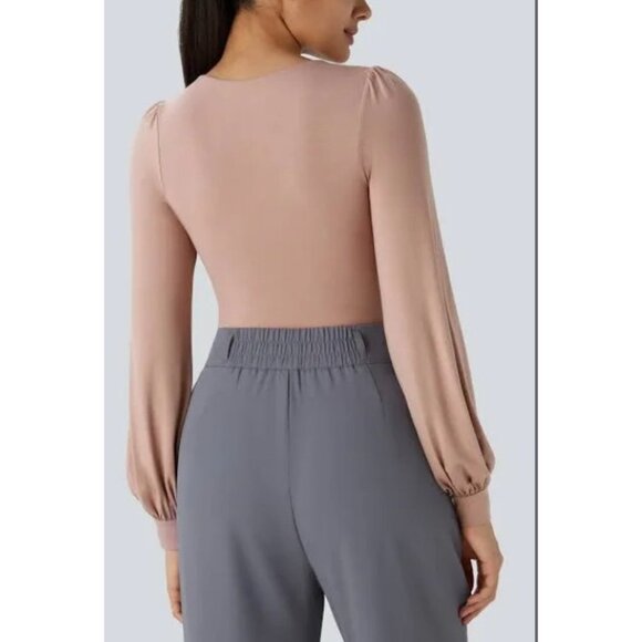 Halara V Neck Long Sleeve Button Work Bodysuit Sz Large Womens Pink - Picture 2 of 9